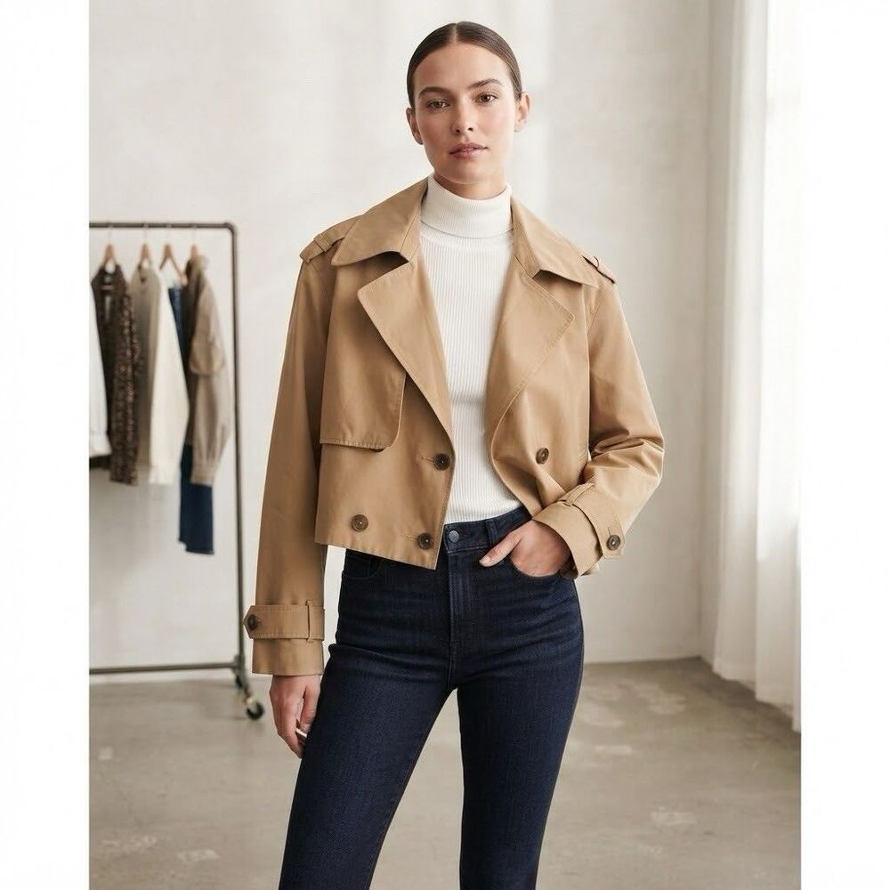 Abercrombie & Fitch Tan Cropped Trench Jacket size L Double Breasted Classic NWT